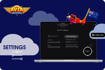 Aviamasters custom settings menu showing flight speed icons, spin button adjustments, sound controls and round history panel