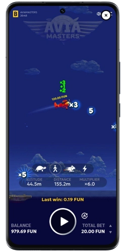 Aviamasters game screen with demo mode and real money play options visible