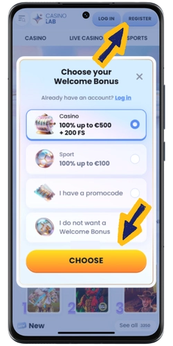 Casino registration form with sign up fields and login option in top corner