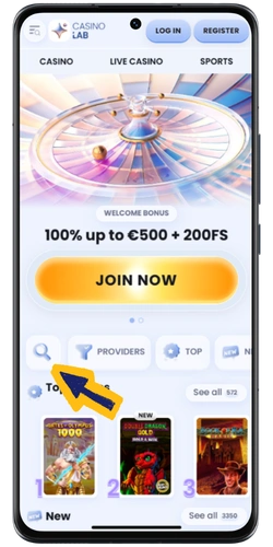 Casino website interface showing magnifying glass search icon in menu