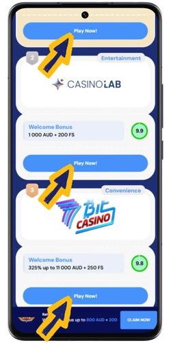 Casino rating page with highlighted Play Now buttons for selecting a casino