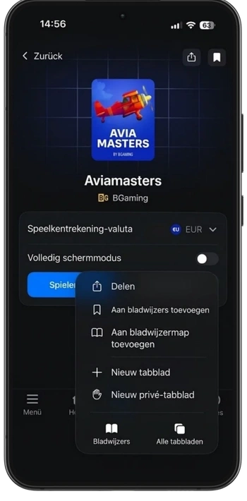 Deelknop in het browsermenu om de snelkoppeling toe te voegen