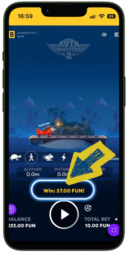 Aviamasters 2 Round win shown above the Play button after the plane lands