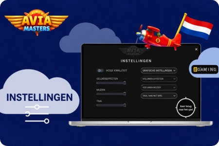 Aviamasters-instellingenmenu met pictogrammen voor vliegsnelheid, spinknop-aanpassingen, geluidsregelaars en rondegeschiedenis