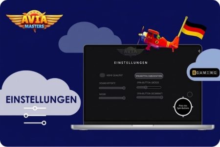 Aviamasters-Einstellungsmenü mit Symbolen für die Fluggeschwindigkeit, Spin-Button-Anpassungen, Soundreglern und Rundenverlauf