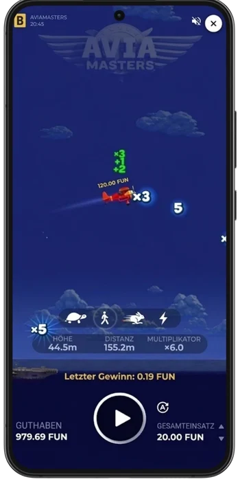 Aviamasters-Spielbildschirm mit sichtbarem Demo-Modus und Echtgeld-Optionen