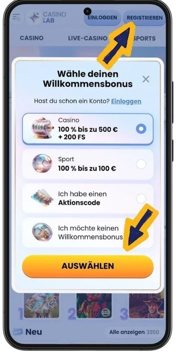 Casino-Registrierungsformular mit Anmeldefeldern und Login-Option in der oberen Ecke