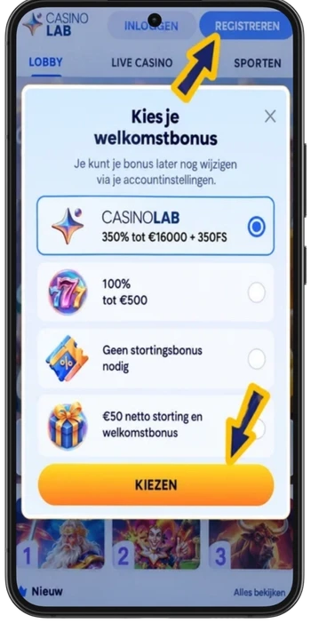 Casinowebsite met vergrootglas-zoekicoon in het menu