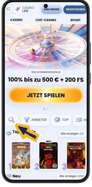 Casino-Website-Oberfläche mit Lupensymbol für die Suche im Menü