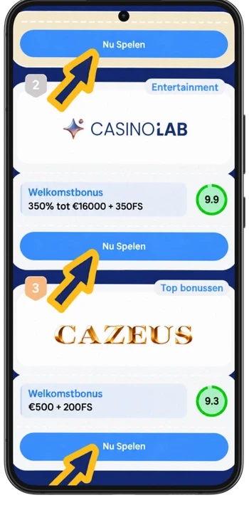 Casino-ranglijst met gemarkeerde „Nu spelen”-knoppen om een casino te kiezen