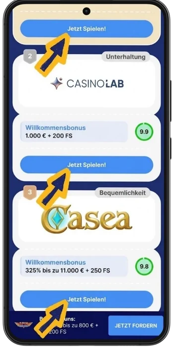 Casino-Bewertungsseite mit hervorgehobenen „Jetzt spielen“-Buttons zur Auswahl eines Casinos
